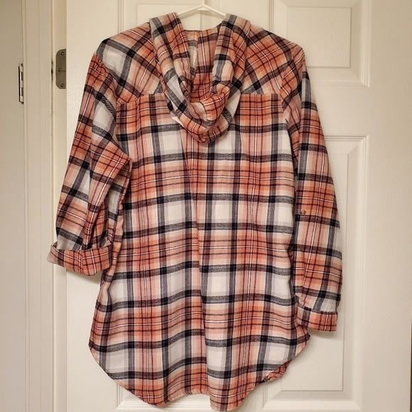 mySTYLE Plaid Button Down Shirt Oversized Hood Flannel-like Long Sleeves Pink Lg - Picture 6 of 13